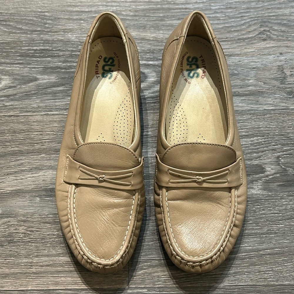 SAS Easier Dress Loafer Tan Mocha Tri Pad Leather Wedge Heel Slip On Shoes 9W - Picture 5 of 11